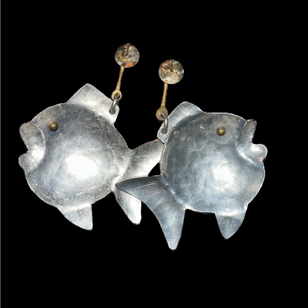 Aluminum and Brass Kissing Fish Earrings 3” - Picture 4 of 5
